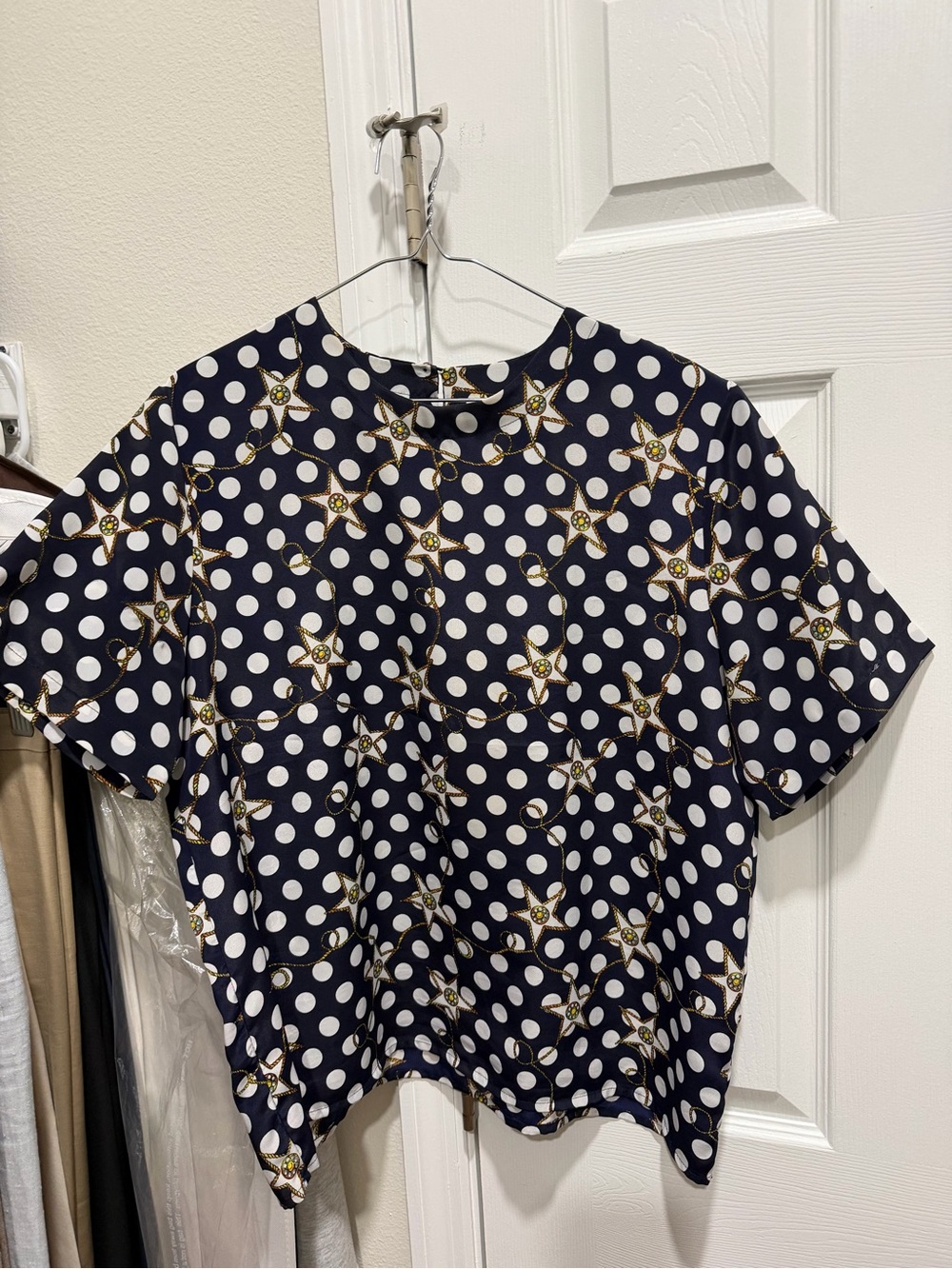 Vintage Navy Polka Dot Short Sleeve Blouse with Star Chain Print